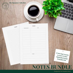 Puede incluir: Una vista superior de un espacio de trabajo con páginas de notas blancas, una taza de café y un portátil. Las páginas de notas incluyen diseños de cuadrícula de puntos y líneas. El texto en las páginas dice "NOTES". Una pequeña tarjeta dice "8 Note Page Layouts A4 and US Letter Minimalist Design Printable PDF".