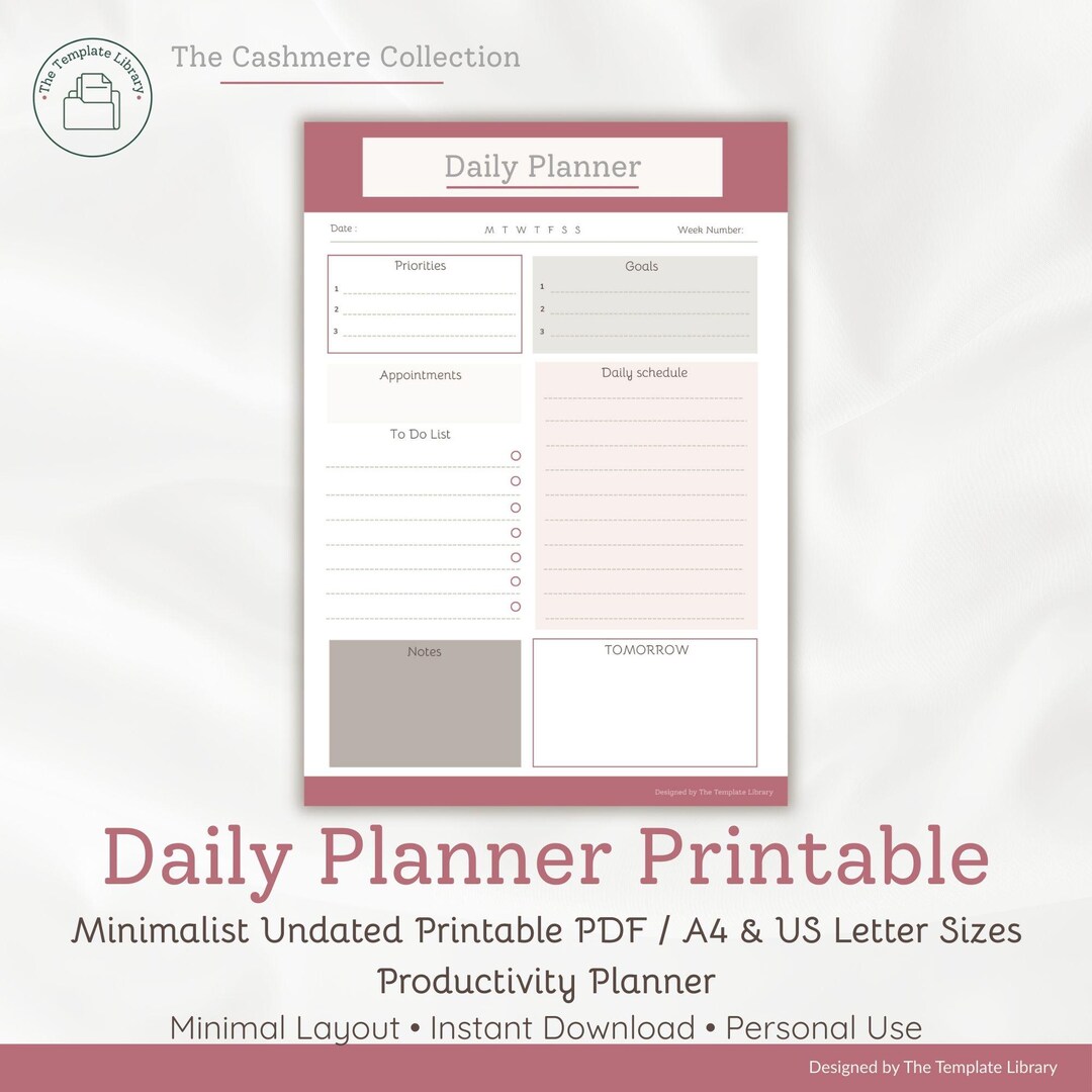 Minimalist Daily Planner Printable | Undated Productivity PDF (A4, US ...