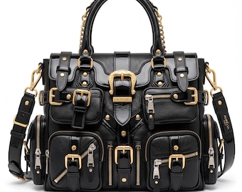 Op maat gemaakte zwarte leren tas | Luxe statementtas met meerdere zakken en gouden hardware