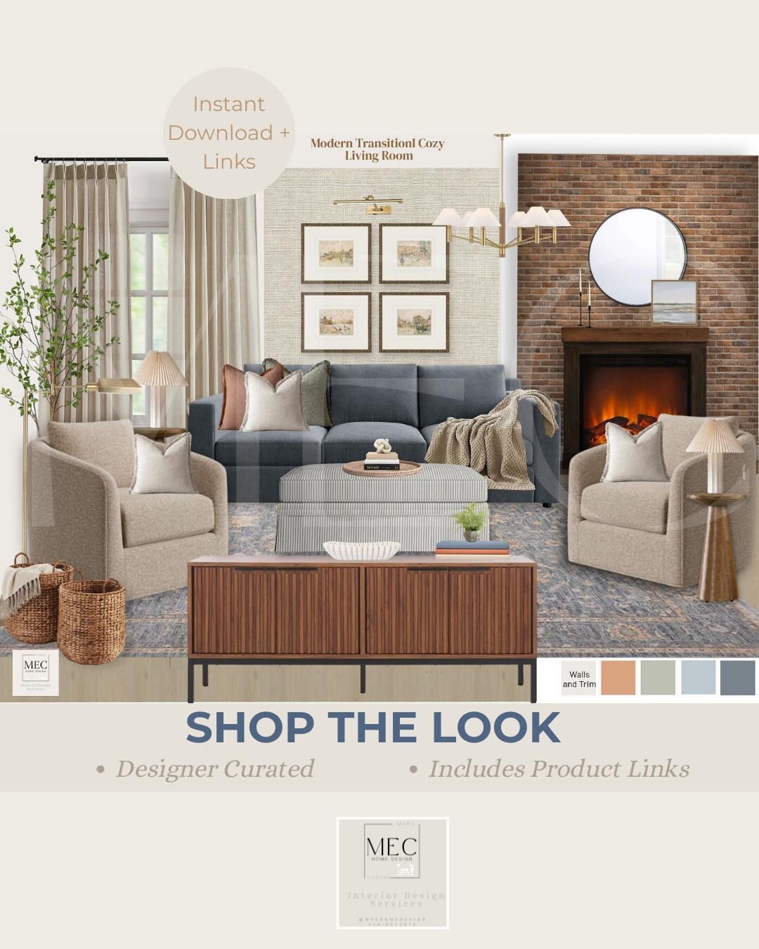 Warm Neutral Living Room Moodboard | Cozy Transitional Interior Design ...