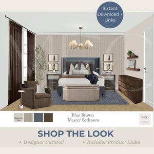Puede incluir: Un concepto de diseño de interiores para un dormitorio principal, que presenta una combinación de colores azul y marrón. La habitación incluye una cama con cabecero azul, una cómoda, una silla y una alfombra. Se muestra el texto "Blue Brown Master Bedroom".