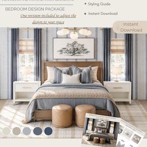 May include: A digital bedroom design package titled SHOP THE LOOK TRANSITIONAL COSTAL COZY BEDROOM. It includes a moodboard, shopping list with links, styling guide, and implementation guide. The visual shows a bedroom with blue striped wallpaper, a wooden bed frame, blue and white bedding, two tan ottomans, and white nightstands.