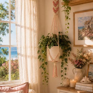 May include: A macrame plant hanger featuring a braided pattern in cream and soft pink cord. The hanger suspends a white woven basket containing a trailing green plant, finished with a decorative tassel at the bottom and a wooden ring at the top.