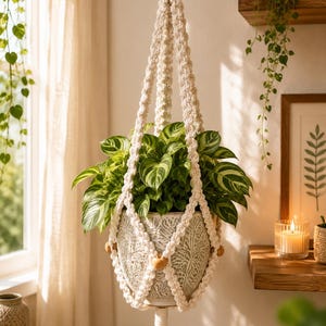 Natural Color Classic Braided Boho Plant Decor, Handmade Macrame Plant Hanger, Cotton Hanging Planter