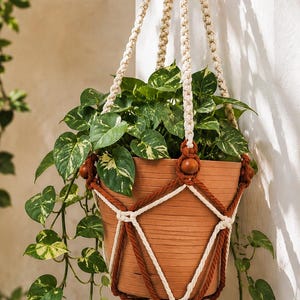 Two-Tone Macrame Plant Hanger | Handmade Boho Hanging Planter | Indoor Outdoor Home Decor