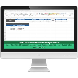Puede incluir: Un monitor de computadora muestra una hoja de cálculo titulada "Smart Excel Bank Balance & Budget Tracker". La pantalla muestra el historial de transacciones con fechas, importes y descripciones. El texto destaca funciones como ingresos disponibles calculados automáticamente.