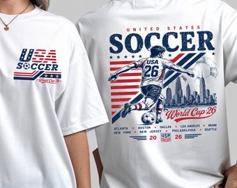 T-shirt de sport vintage de la Coupe du monde de football des États-Unis 2026, chemise imprimée sur le devant et dans l'arrière du match pour les fans et les familles