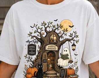 Cozy Pumpkin Halloween Tee for Spooky Readers | Haunted Bookshop Shirt | Witchy Cat Book Lover Gift