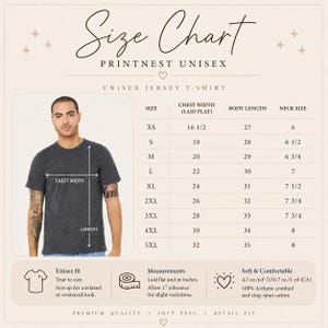 Op de afbeelding: Een maattabel voor een Printnest unisex jersey t-shirt met afmetingen in inches voor de maten XS tot 5XL. De tabel bevat borstbreedte, lichaamslengte en halsmaat, naast details over de 4,2 oz/yd2 katoenen stof van het t-shirt.