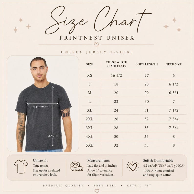 Op de afbeelding: Een maattabel voor een Printnest unisex jersey t-shirt met afmetingen in inches voor de maten XS tot 5XL. De tabel bevat borstbreedte, lichaamslengte en halsmaat, naast details over de 4,2 oz/yd2 katoenen stof van het t-shirt.