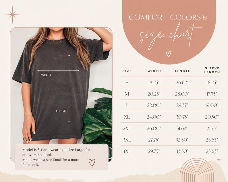 Op de afbeelding: Een Comfort Colors maattabel met een antracietgrijs t-shirt met meetlijnen voor breedte en lengte. De tabel bevat de maten S tot en met 4XL met de bijbehorende breedte-, lengte- en mouwlengtematen in inches voor elke maat.