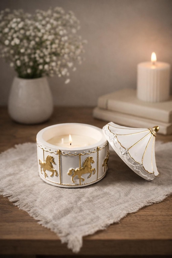 Handbemalte Karussell-Kerze, Vergoldetes Goldenes Pferd, Vintage-Stil Sojawachs-Kerze im Glas, Karussellpferd Geschenk, Luxus-Kinderzimmer-Dekor