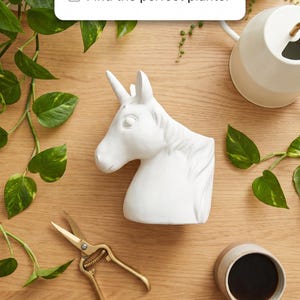 Könnte beinhalten: Ein weißer Keramik-Übertopf in Form eines Einhornkopfes in der Mitte. Das Bild enthält den Text: Buy a new trailing plant, Find the perfect planter und SHOP UNICORN PLANTERS. Umgeben ist er von einer rankenden Pflanze, einer Erbsenpflanze, einer weißen Gießkanne, einer goldenen Schere und einer Tasse mit dunkler Flüssigkeit.