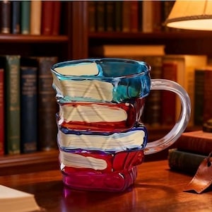 May include: A distinctive glass mug designed to resemble a stack of books. The mug has a clear handle and is made up of blue, red, and purple glass sections, with white and yellow details to imitate book pages. The mug is set against a background of a bookshelf.