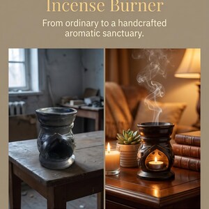 Op de afbeelding: Een donkergrijze spekstenen wierookbrander met een komvormige bovenkant en een holle, boogvormige voet. De tekst luidt: Transform Your Space: Vintage Soapstone Incense Burner. From ordinary to a handcrafted aromatic sanctuary. Er brandt een theelichtje.