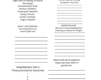 Página de diario para desahogarse por la noche / Hoja de trabajo sobre salud mental, liberación de preocupaciones, gratitud (descarga digital)