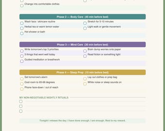 Lista de verificación para la rutina de relajación nocturna / Autocuidado, ritual de sueño (Descarga digital)