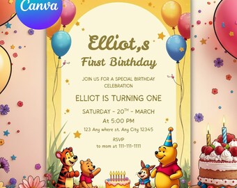 Winnie the Pooh Birthday Invitation, Editable Template (5x7 inch)