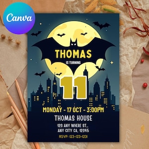 May include: A Halloween-themed invitation with a cityscape silhouette under a full moon. The invitation features a bat silhouette, the name "THOMAS", and the number "11" in yellow. The text includes the date, time, and RSVP information.