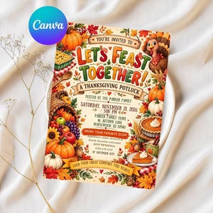 Bewerkbare uitnodigingssjabloon voor een Thanksgiving-potluck, uitnodiging voor een Friendsgiving-feest (digitale download via Canvas)