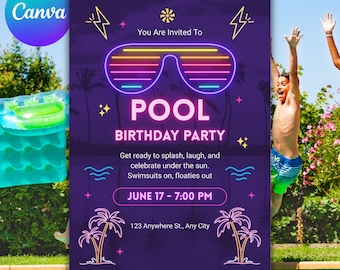 Neon Glow Pool Party Birthday Invitation (Digital Download)