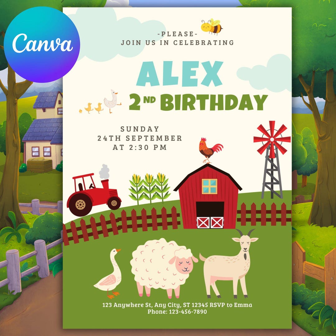 Farm Animals Birthday Invitation, Kids Ranch Party (5x7 Canva Template ...