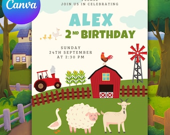 Farm Animals Birthday Invitation, Kids Ranch Party (5x7 Canva Template, Digital Download)
