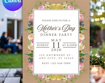 Floral Mother's Day Dinner Party Invitation (Editable Canva Template)