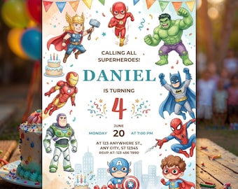 Editable Superheroes Birthday Invitation, Avengers Theme (Canva Template, Digital Download)