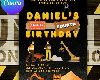 Construction Birthday Invitation, Dump Truck Party (Canva Template Digital Download)