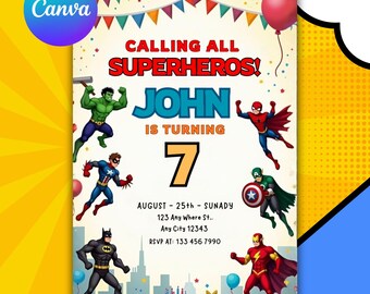 Editable Superheroes Birthday Invitation, Avengers Theme (Canva Template, Digital Download)