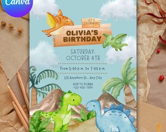 Dinosaur 1st Birthday Invitation Template, Printable Dino Party (Digital File Canva Template)