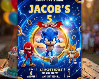 Sonic Birthday Invitation, Editable Kids Birthday Party Invite, Digital Instant Download 5x7 Canva