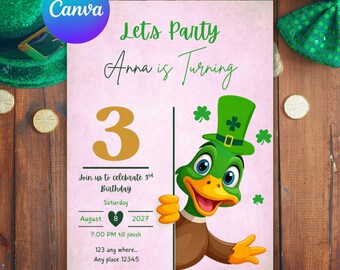 Custom St. Patrick's Day Duck Birthday Invitation (Digital Download)