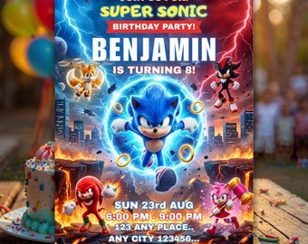 Sonic Birthday Invitation, Editable Sonic the Hedgehog Party Invite, 5x7 Digital Instant Download