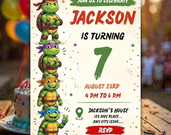 Editable Ninja Turtle Birthday Invitation: Kids Party Template, Digital Download 5x7in Canva Template