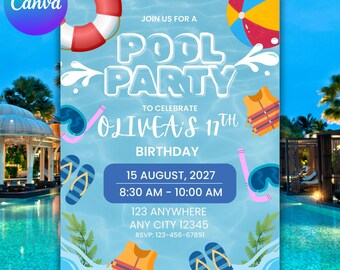 Pool Party Birthday Invitation, Editable Canva Template (Digital Invitation)