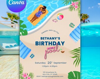 Girls Pool Party Birthday Invitation, Summer Teen Bash, Editable Canva Template (Digital Download)