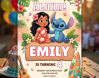 Lilo & Stitch Birthday Invitation, Editable Canva Template, Kids Party Invite (Digital Download)