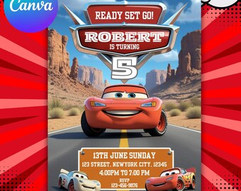 Cars Birthday Invitation, Lightning McQueen & Mater Editable Canva Template, Kids Party Invite, Digital Download