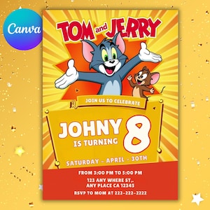 Editable Tom & Jerry cartoon Simple Kids’ Birthday Invitation | Minimalist Editable Canva Template
