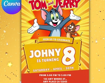 Editable Tom & Jerry cartoon Simple Kids’ Birthday Invitation | Minimalist Editable Canva Template