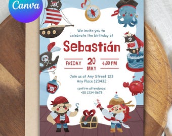 Pirate Birthday Invitation, Ahoy Matey Kids Party Invite (Canva Editable Template)