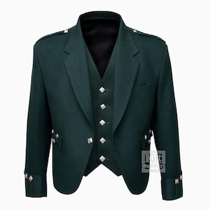 May include: A dark green jacket and matching waistcoat set featuring silver-toned square buttons, braided shoulder epaulets, and cuffs. The waistcoat has five buttons, and the jacket includes side pockets with button details. The text Kilt Outfitters is visible.