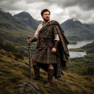Könnte beinhalten: Ein Mann in traditioneller schottischer Kleidung steht auf einem Hügel und hält ein Schwert. Er trägt einen braun-blau karierten Kilt, einen passenden Umhang und hohe braune Stiefel. Der Hintergrund zeigt Berge und einen See unter einem bewölkten Himmel.