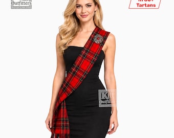 Fajín escocés de tartán para mujer con broche a juego, 228 x 30 cm. Fajín tradicional de lana con estampado de cuadros de las Tierras Altas para mujer. Disponible en más de 80 tartanes.