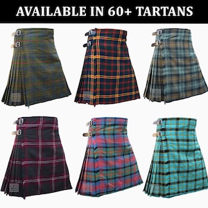 Puede incluir: Se muestran seis faldas escocesas con diferentes patrones de tartán. Cada falda tiene un diseño plisado y correas de cuero con hebillas. Las faldas muestran una gama de colores, incluyendo verde, azul, rojo y turquesa. El texto "AVAILABLE IN 60+ TARTANS" está en la parte superior.
