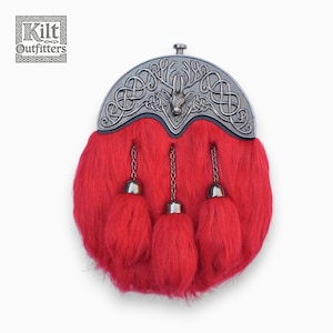 Skotsk röd pälssporran för män med stag Head Cantle – Traditionell Kilt Sporran med kedjerem