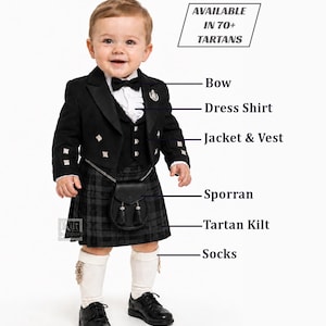 May include: A child's formal Scottish attire, featuring a black jacket and waistcoat, bow tie, dress shirt, and a tartan kilt. The outfit includes a sporran, socks, and black shoes. The image includes the text "AVAILABLE IN 70+ TARTANS".