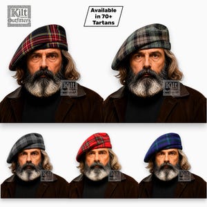 Può includere: Cinque cappelli tipo tam o' shanter con vari motivi a quadri, tra cui rosso, nero, grigio e blu. I cappelli sono mostrati su una persona con la barba. Il testo nell'immagine recita Kilt Outfitters e Available in 70+ Tartans.